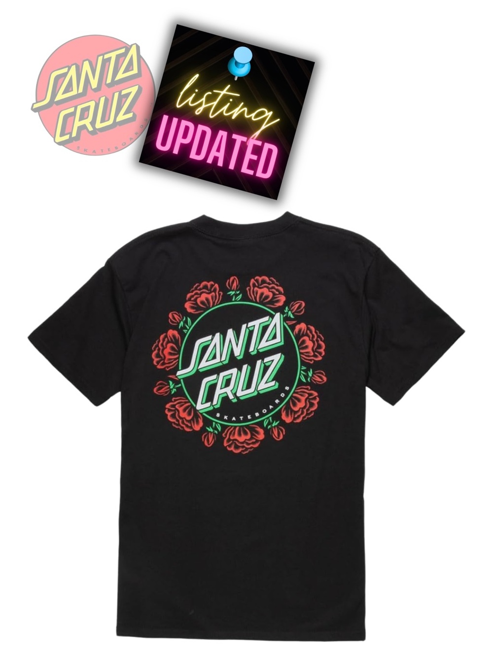 SANTA CRUZ new Red Rose Ring Dot Black Graphic Tee